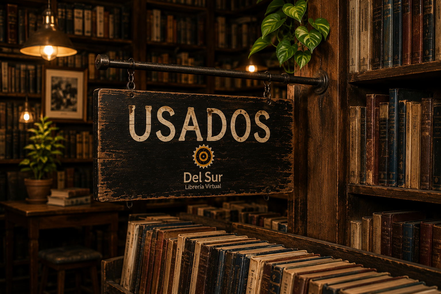 Letrero de madera colgando entre estanterías de libros usados